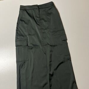 House of Harlow 1960 Satin Cargo Skirt Sz XS Dark Green Front Slit Stretch Maxi
